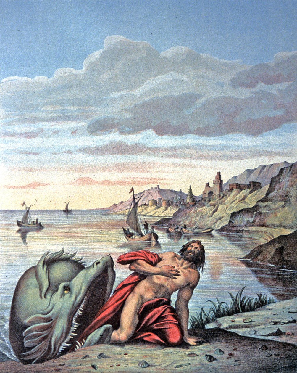 Jonas kommt aus dem Bauch des Wals, Mitte 19. Jahrhundert (Illustration) von Theodore (after) Amst
