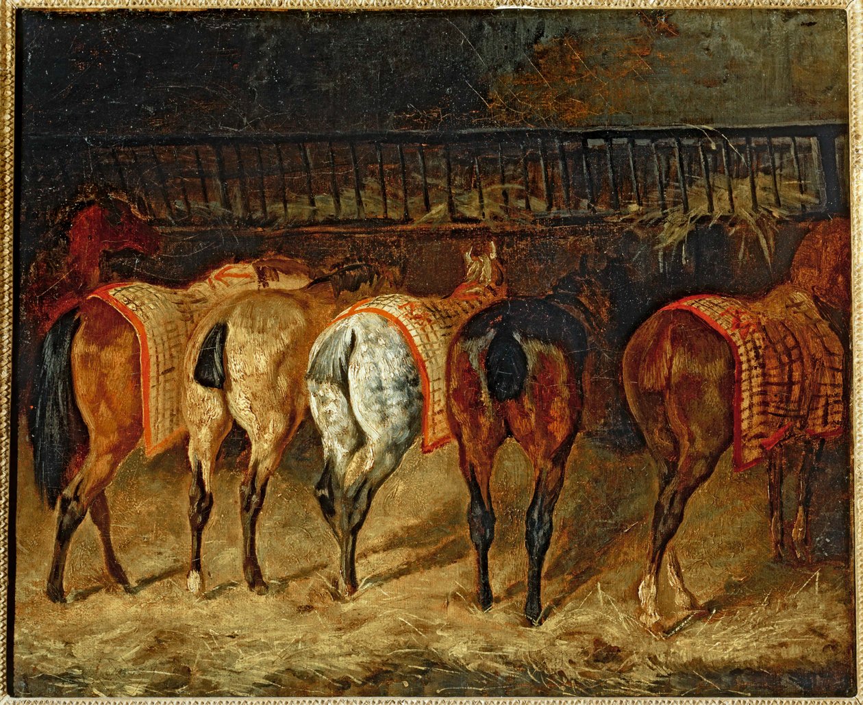 Fünf Pferde von hinten in einem Stall gesehen von Theodore Gericault