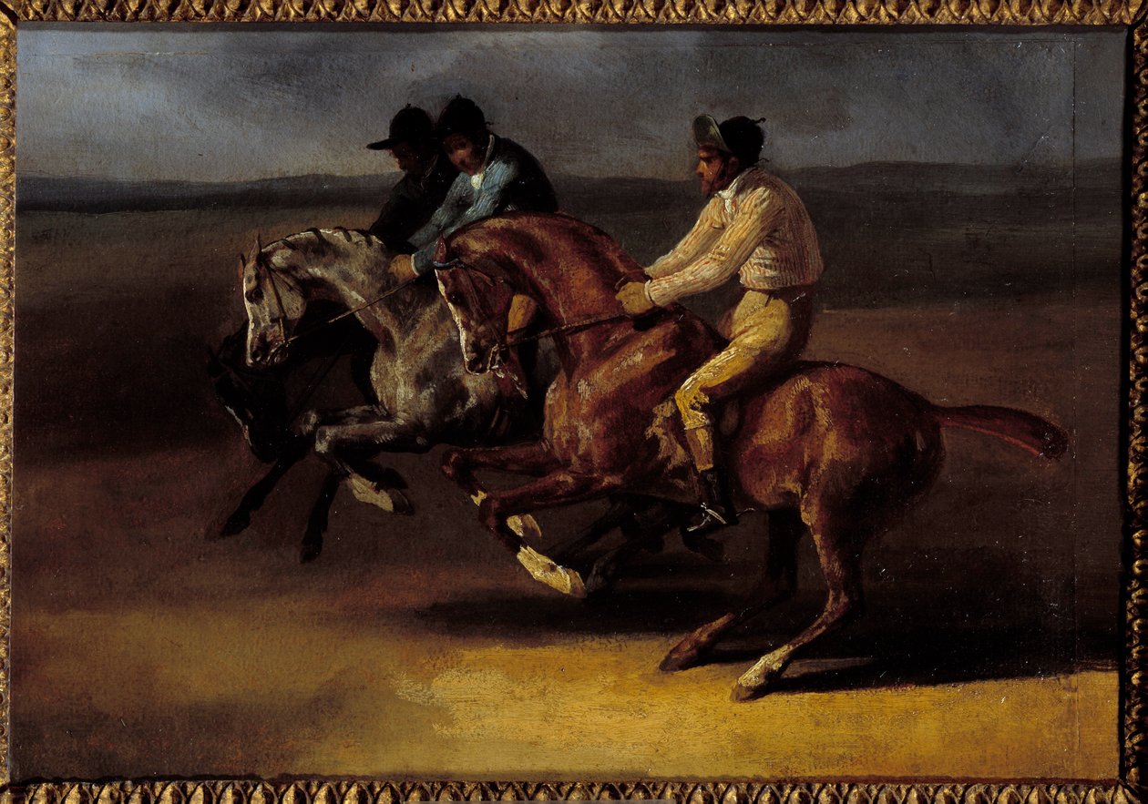 Pferderennen nach links beim Start von Theodore Gericault