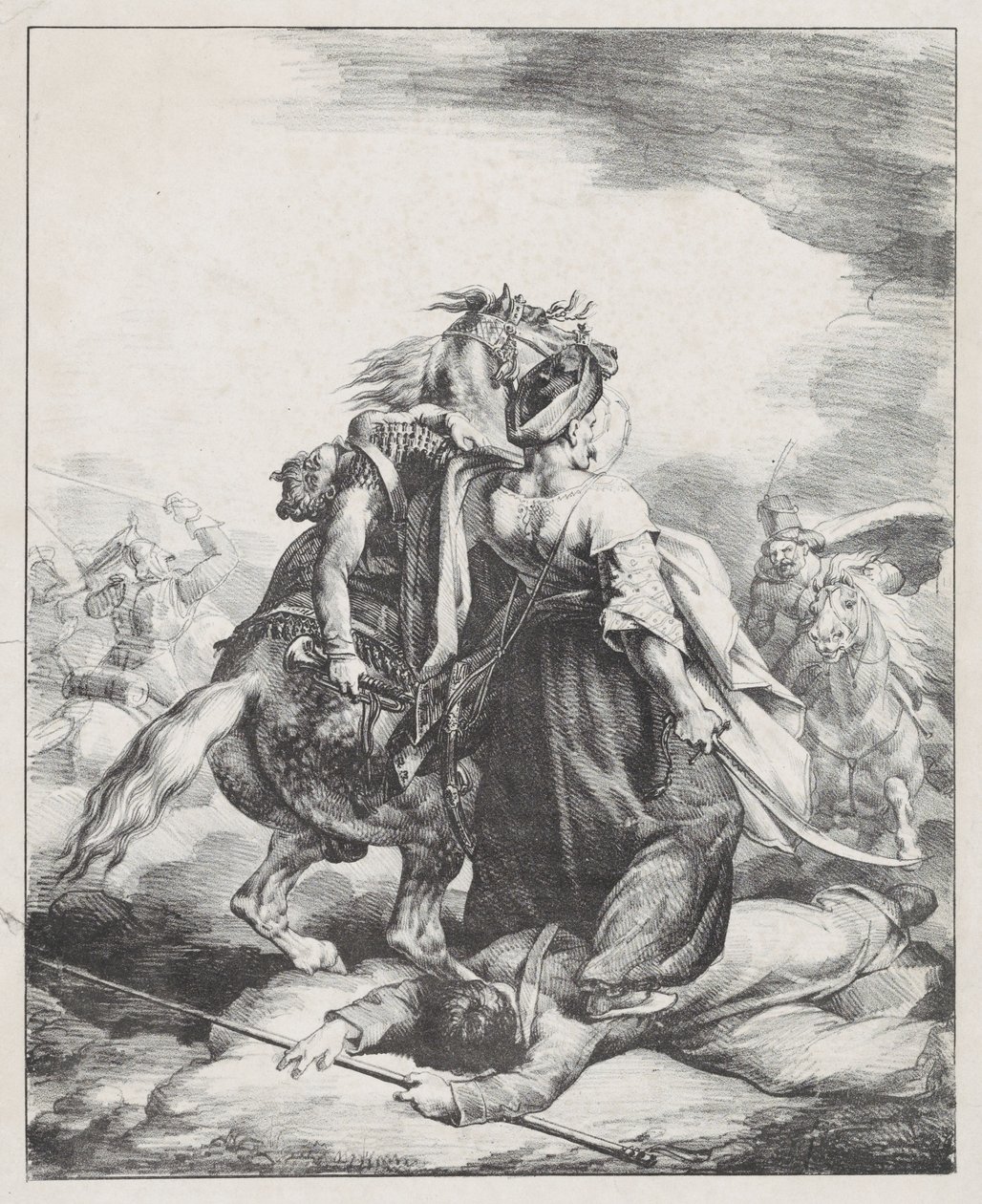 Ein ägyptischer Mameluk verteidigt einen verwundeten französischen Trompeter bei Waterloo von Theodore Gericault