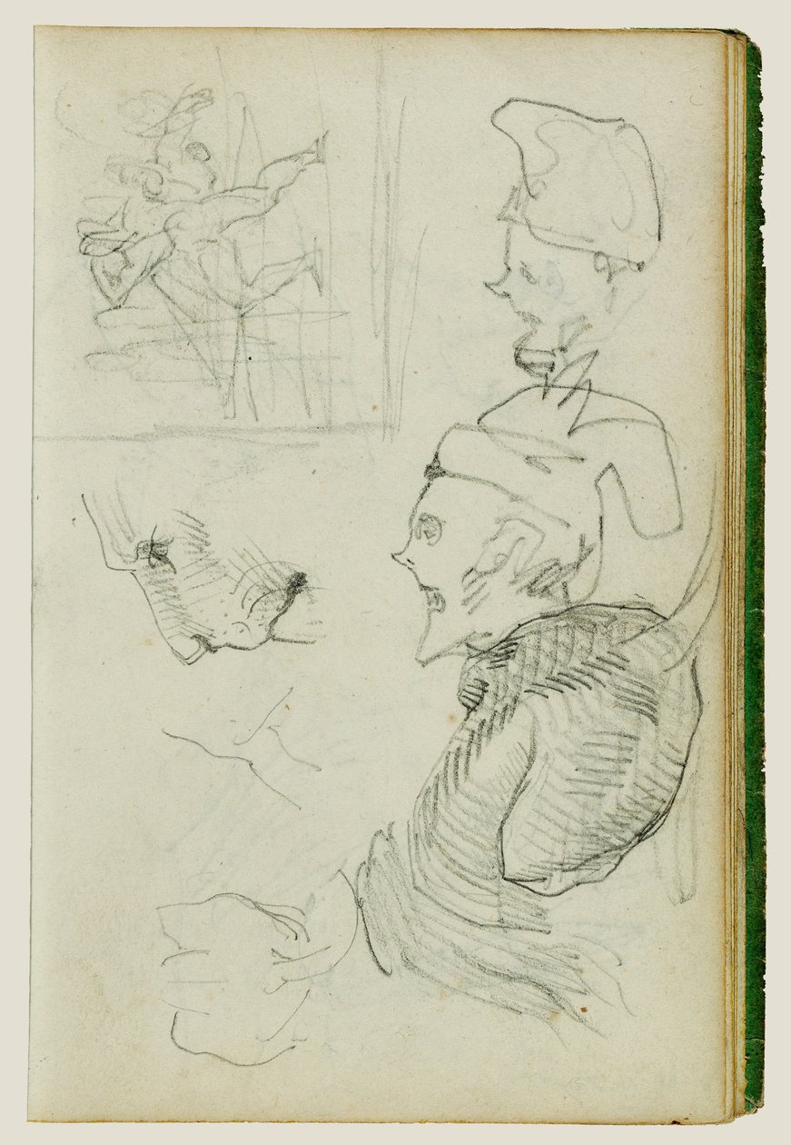 Studien von Löwen, Kompositionsgruppenfigurstudie, zwei Karikaturkopfstudien von Theodore Gericault