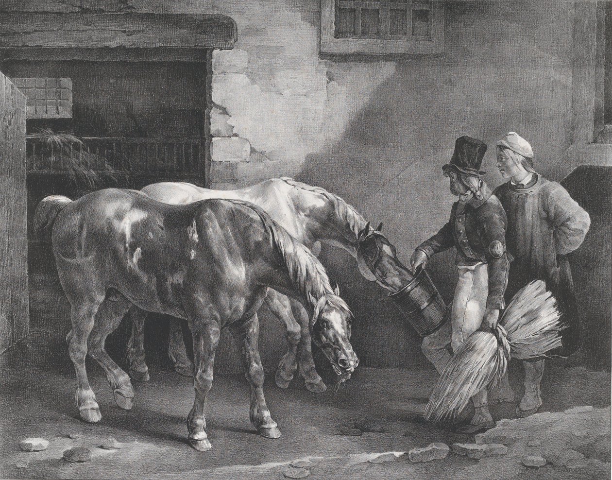 Zwei Postpferde an der Tür eines Stalls (1822) von Theodore Gericault