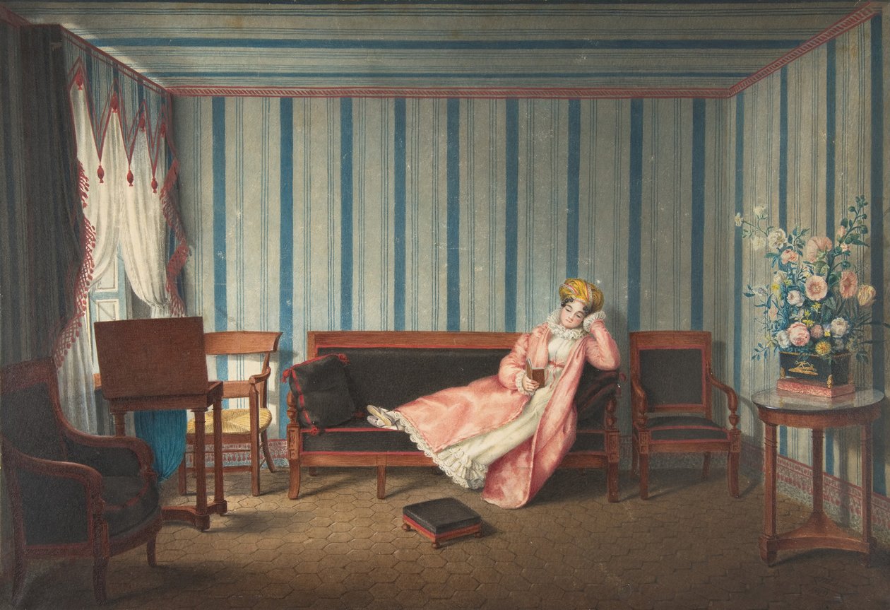 Frau in Pink auf einem Canapé liegend, 1819 von Theodore Lebrun