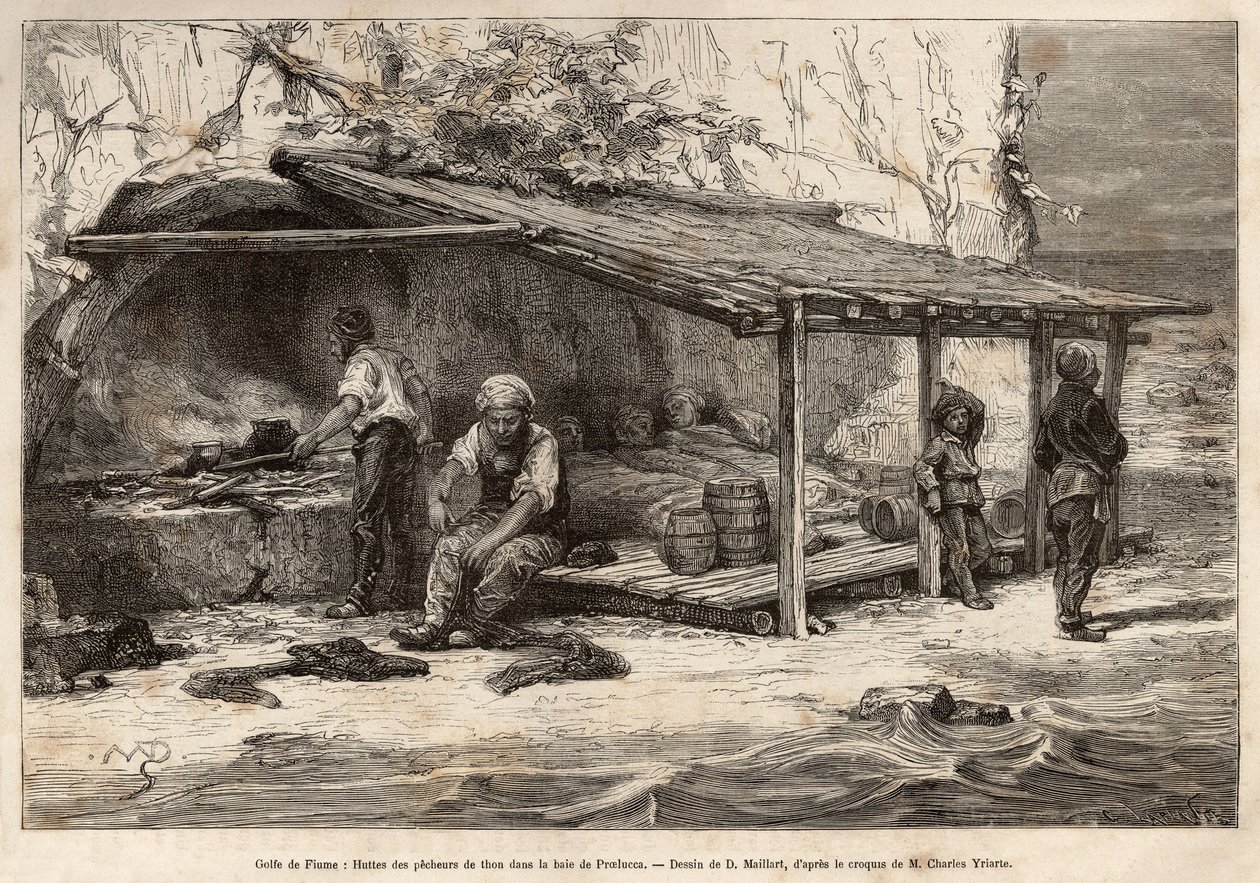 Eine Thunfischfanghütte in der Bucht von Proelucca, Golf von Fiume (oder Rijeka, Istrien), drei der Fischer schlafen noch, in Decken gehüllt, ein anderer wird sich ausrüsten und den Ausguck ersetzen, ein anderer wird die Küche vorbereiten und das Moos wand von Theodore Weber