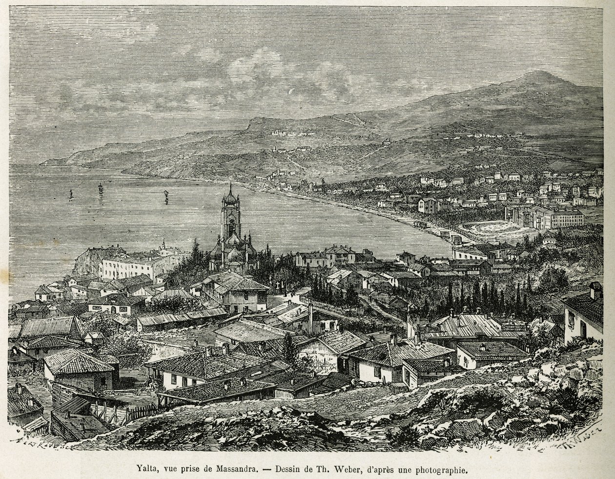 Die Stadt Jalta, von Massandra aus gesehen, Zeichnung von Th. Weber, um die Geschichte Vier Monate in Russland, im Jahr 1876, von F. De Mely zu illustrieren. Gravur in Le tour du monde. von Theodore Weber