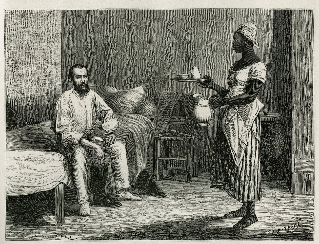 Porträt des Autors und Reisenden, beim Erwachen, serviert von einer jungen Haitianerin, Gravur von T. Wust, zur Illustration der Geschichte „La république d