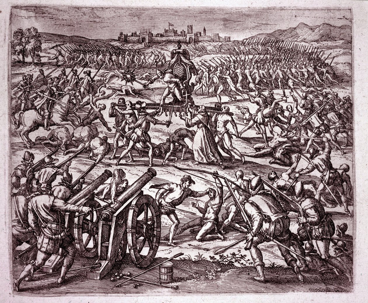 Ein Dominikanermönch, der sich vom Inka-König Atahualpa (Atabaliba) verspottet fühlt, ermutigt Francisco Pizarro zur Rache von Theodore de Bry