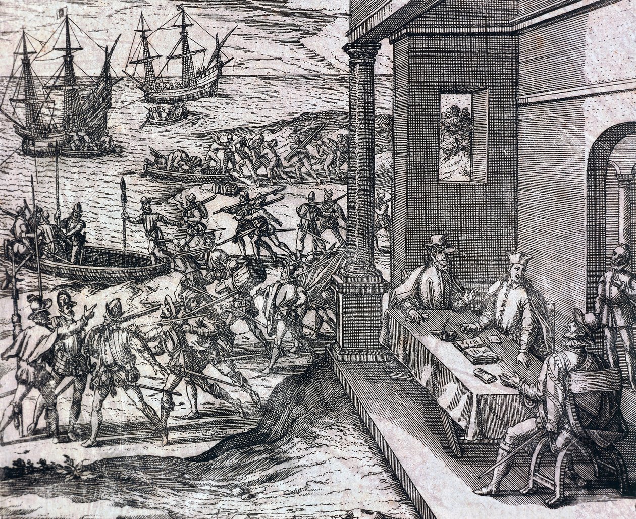 Vereinbarung zwischen Francisco Pizarro, Diego de Almagro und Hernando de Luque zur Erkundung und Ausbeutung Perus von Theodore de Bry