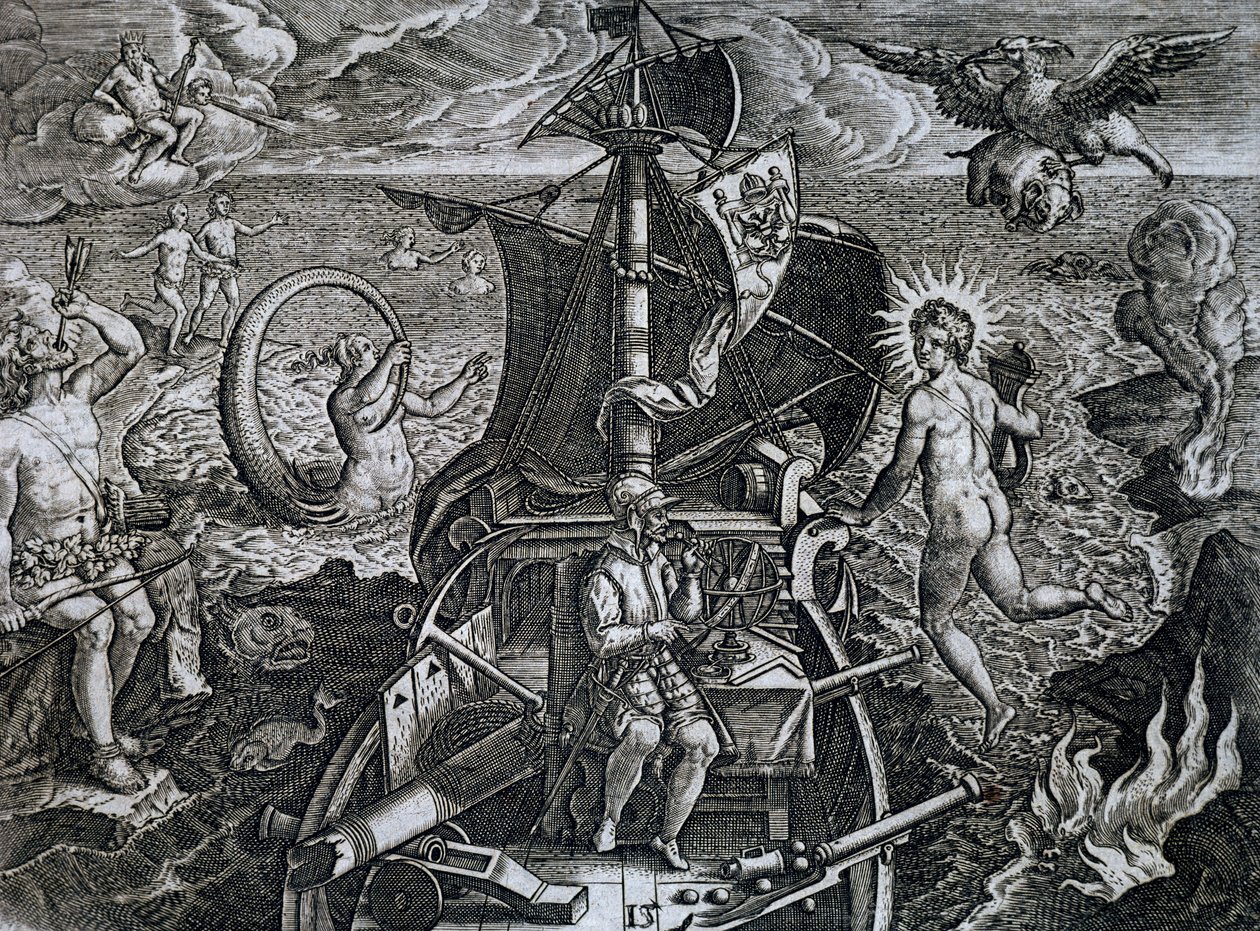 Allegorie der Reisen von Ferdinand Magellan (1480-1521), Stich von Theodor de Bry (1528-1598) von Theodore de Bry