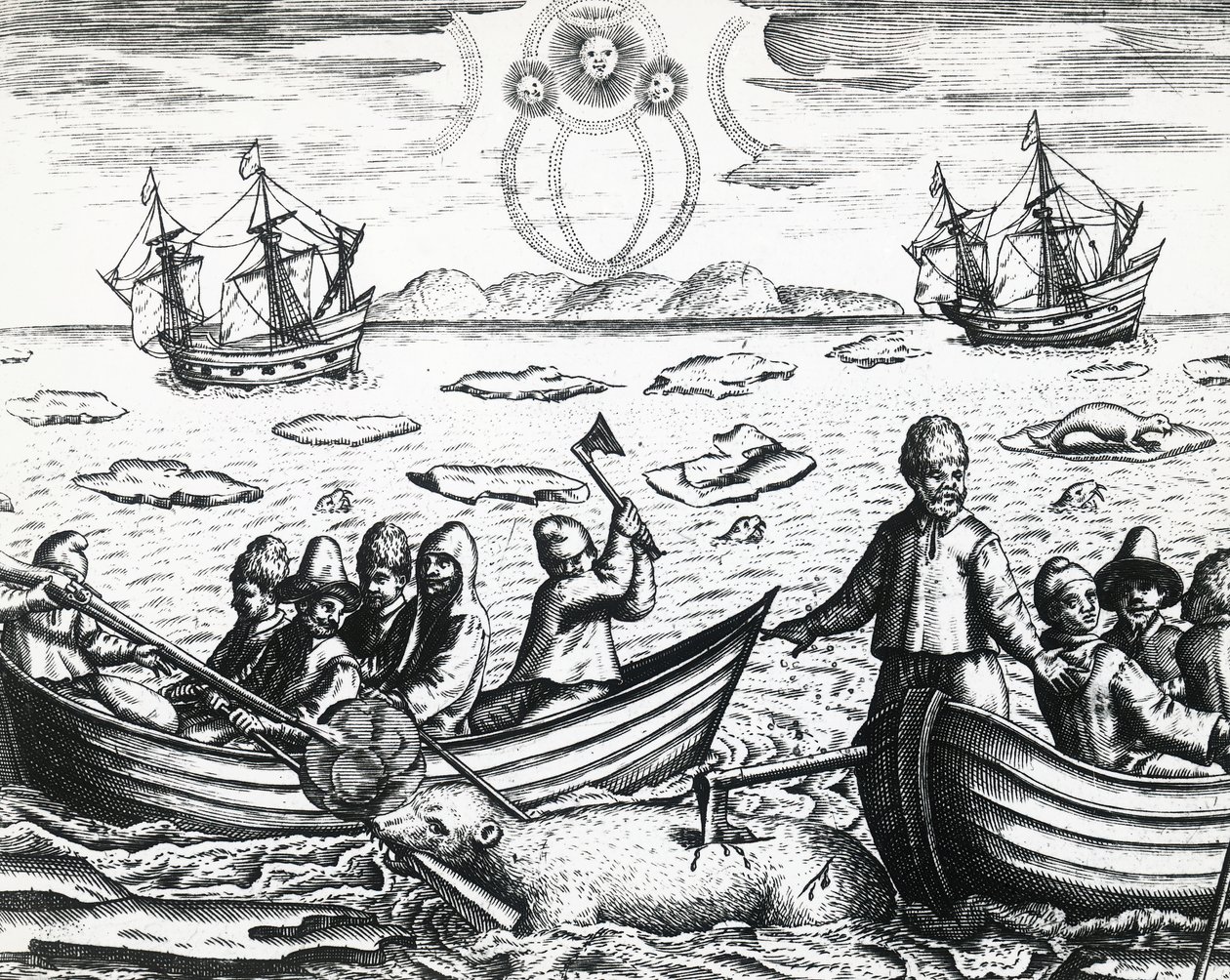 Aurora borealis und Eisbärenjagd während der dritten Expedition unter der Leitung von William Barents (ca. 1550-1597) auf der Suche nach der Nordostpassage im Jahr 1596, von Theodor de Bry (1528-1598), Stich von Theodore de Bry