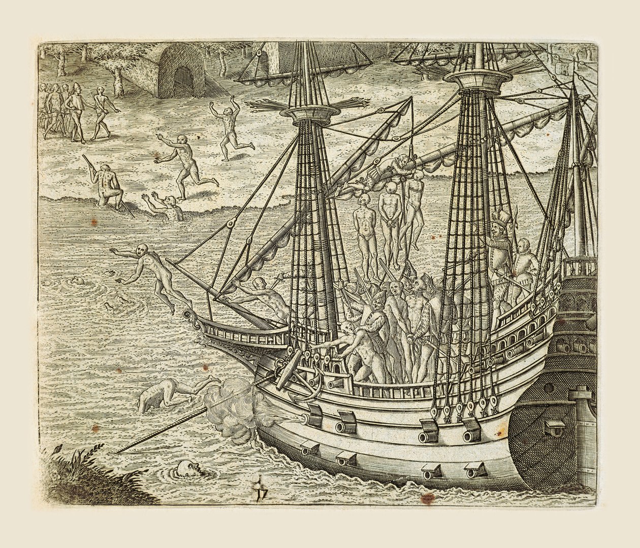 Bartolomeo Diaz hängt einige Indianer an einer Karavelle auf, Stich von Theodor de Bry (1528-1598) aus Americae pars quarta, sive, Insignis et admiranda historia de reperta primum Occidentali India Christophoro Columbo, von Girolamo Benzoni von Theodore de Bry
