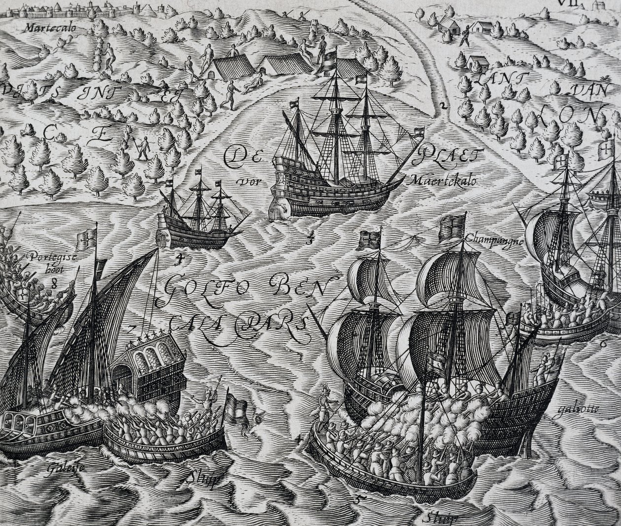 Schlacht vor der Stadt Matical in der Bucht von Bengalen, Stich aus Indiae Orientalis, von Theodor de Bry (1528-1598) von Theodore de Bry