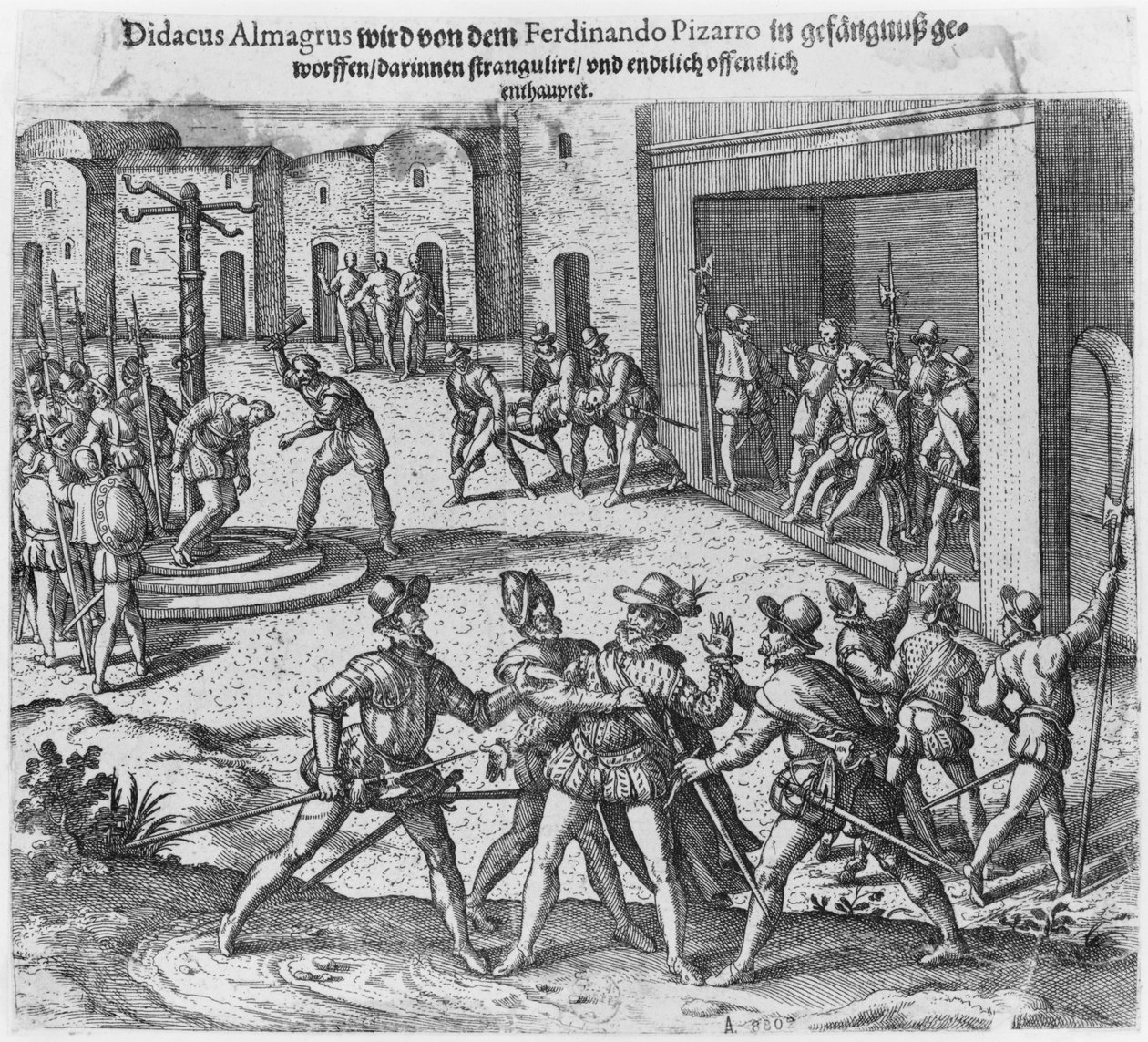 Gefangennahme, Prozess und Hinrichtung von Diego de Almagro auf Befehl von Francisco Pizarro von Theodore de Bry