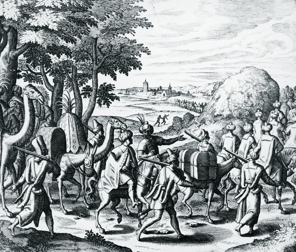 Karawane arabischer Händler von Aleppo nach Basra, Stich aus Grands und Petits Voyages von Theodor de Bry, Naher Osten von Theodore de Bry