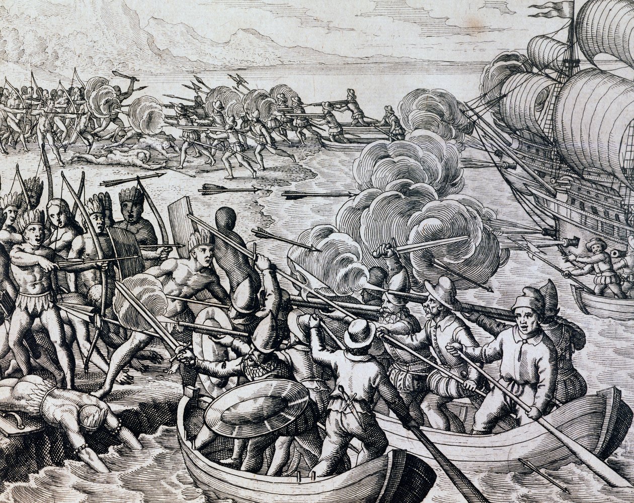 Zusammenstoß zwischen einheimischen Indianern und spanischen Truppen, aus Historia Americae von Theodore de Bry