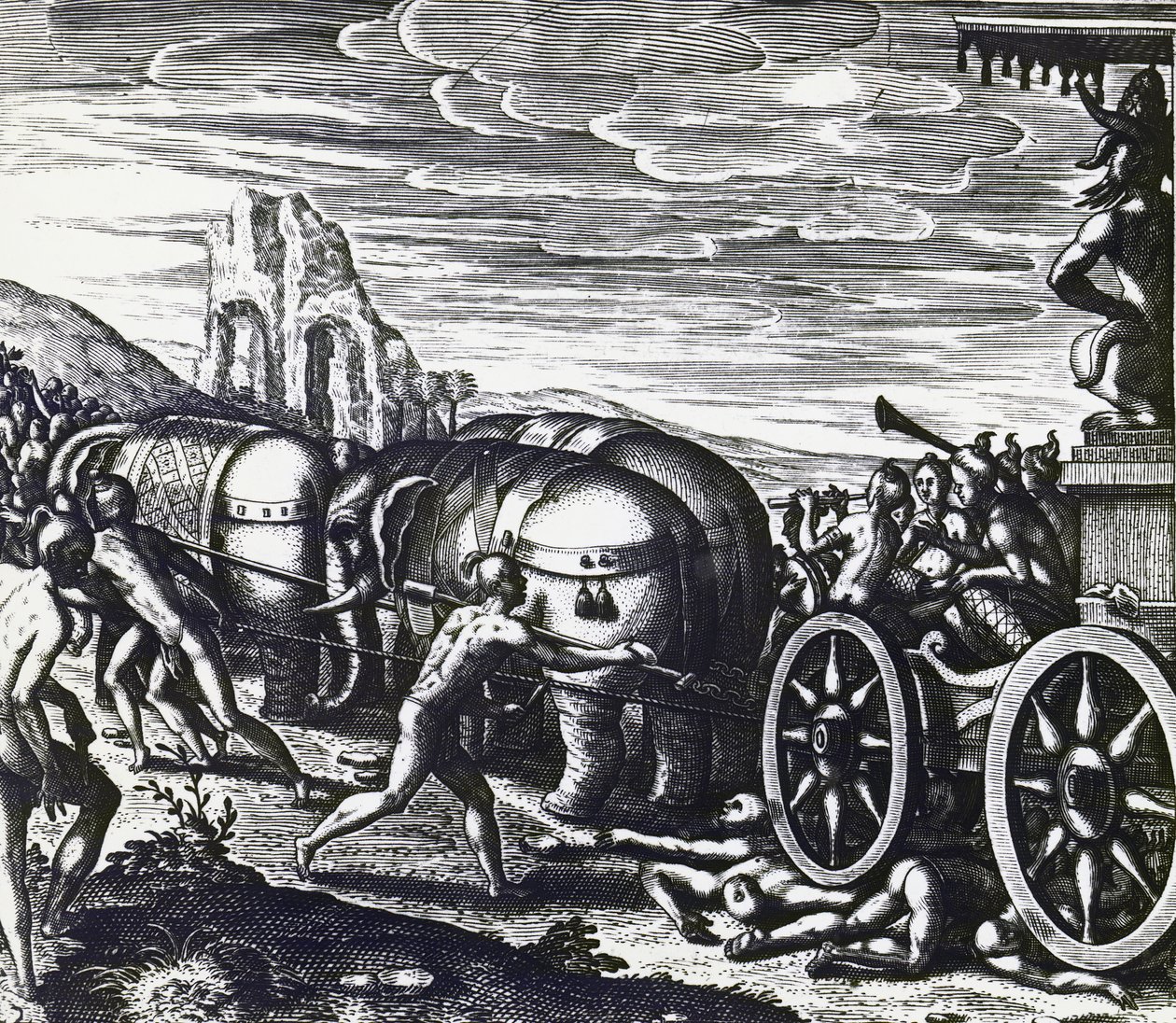 Gläubige werden während der Prozession des Idols von einem Wagen zerquetscht, von Theodor de Bry, Stich von Theodore de Bry