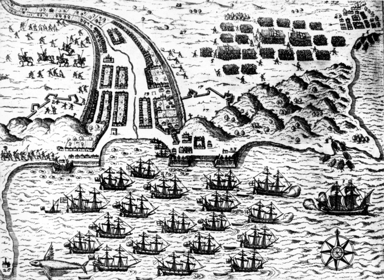 Drake eroberte das Boot „San Giacomo“ auf der Insel Capo Verde im Jahr 1585, von De Bry von Theodore de Bry