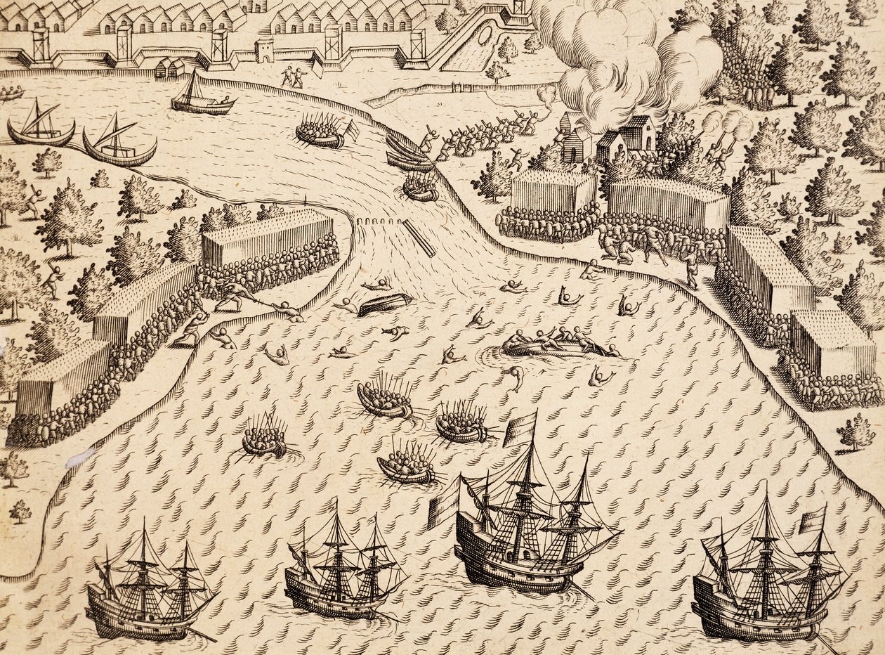 Ankunft der Niederländer auf der Insel Madura, Java, Gravur aus dem Werk India Orientalis, von Theodor de Bry von Theodore de Bry