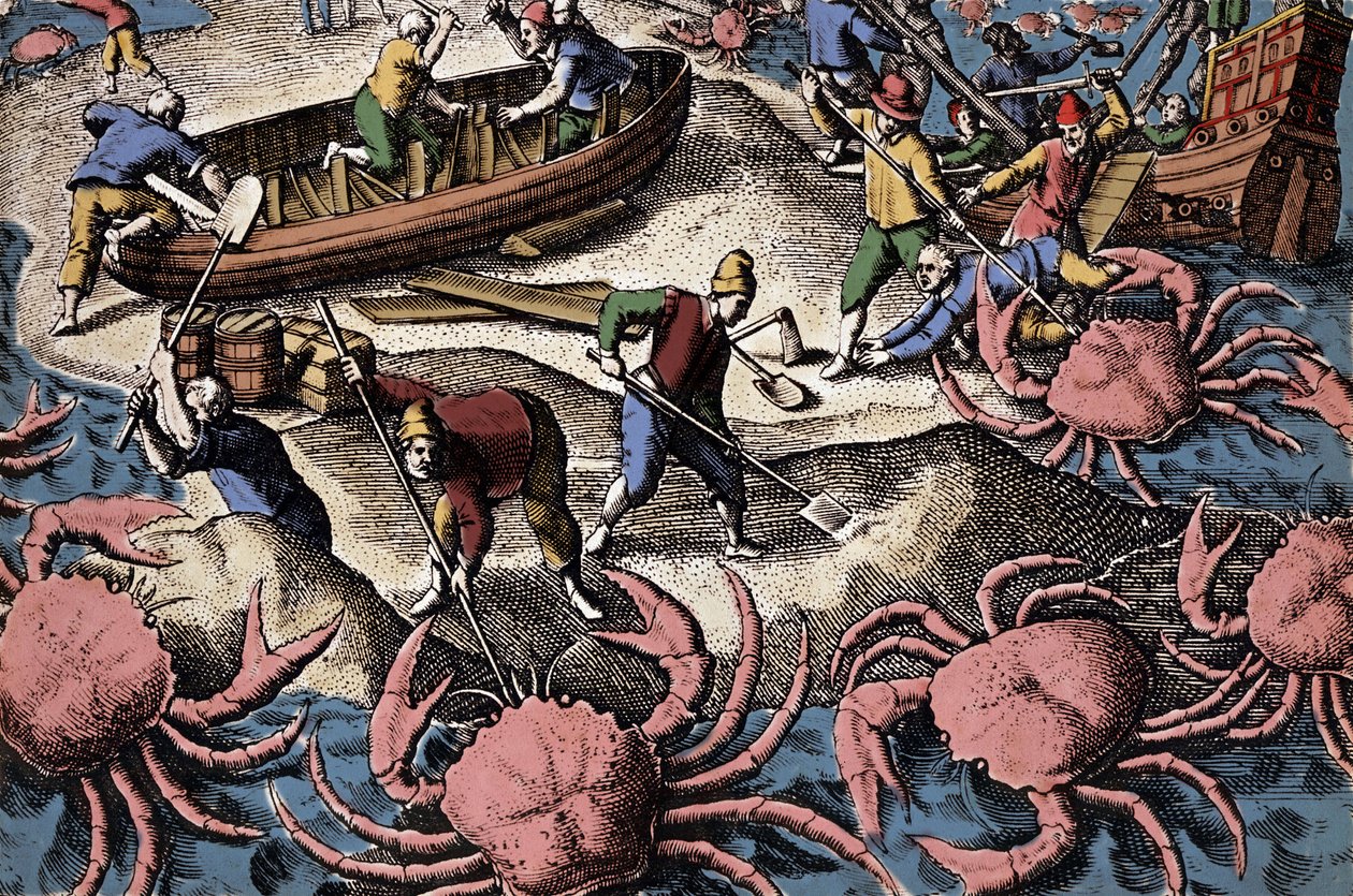Europäische Seefahrer kämpfen gegen große Krabben. Gravur aus „Petites voyages aux Indes Orientales“ von Theodore de Bry von Theodore de Bry