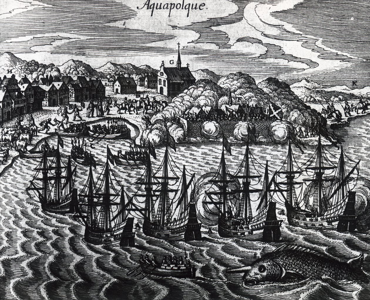 Flotte von Galeonen im Hafen von Acapulco, von Theodor de Bry, Stich von Theodore de Bry