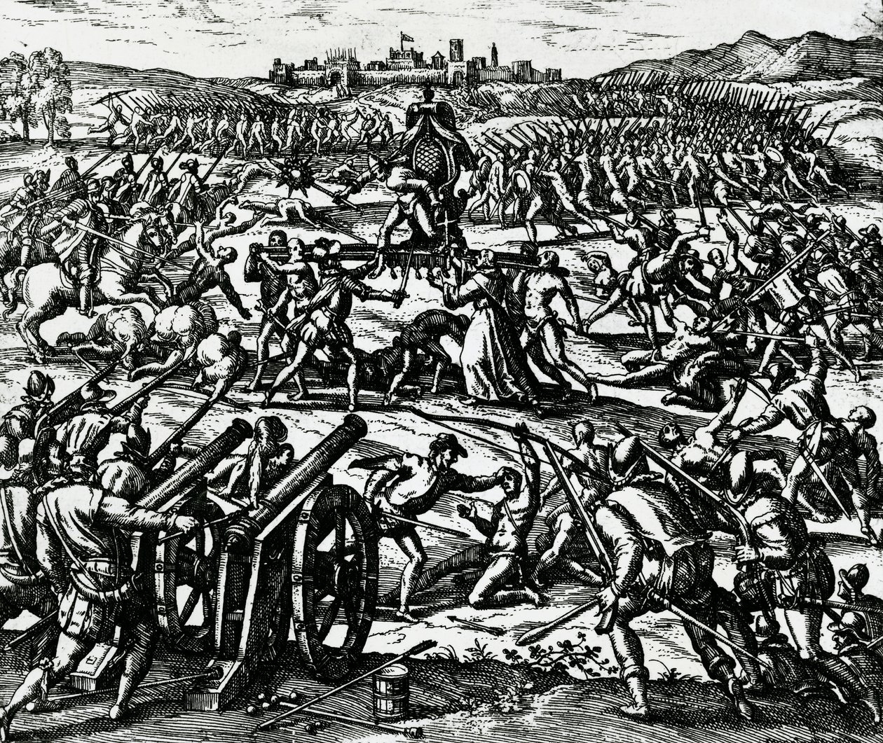 Truppen von Francisco Pizarro erobern den Inka-Kaiser Atahualpa während der Schlacht von Cajamarca, 16. November von Theodore de Bry