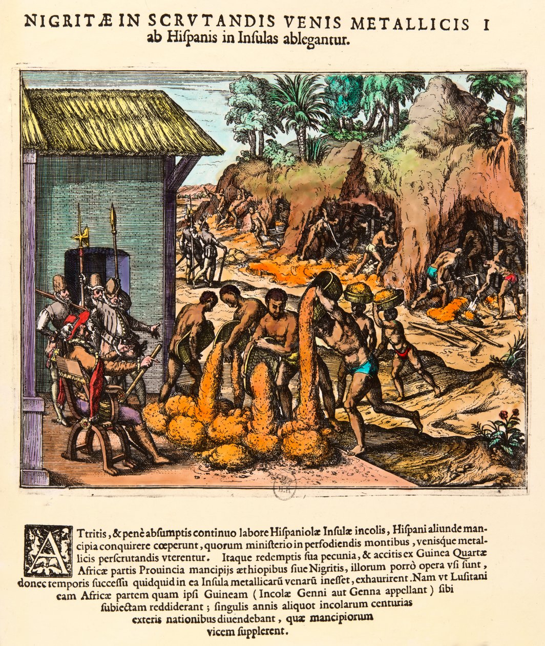 Geschichte Amerikas: Spanier nutzen Goldminen aus. Die Indianer arbeiten vor den Augen der Siedler (Gravur von Theodore de Bry, 16. Jahrhundert, Privatbesitz) von Theodore de Bry