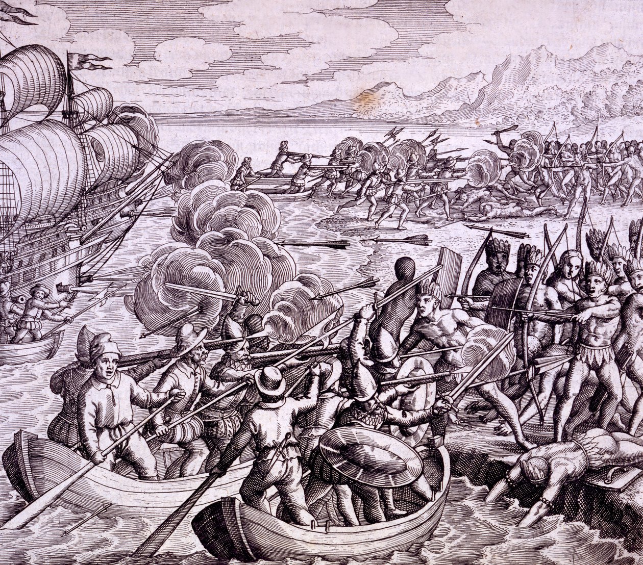 Wie die Spanier auf der Insel Haiti landeten, mit 400 Mann, was zu einer großen Schlacht mit den Einheimischen führte, Illustration aus 