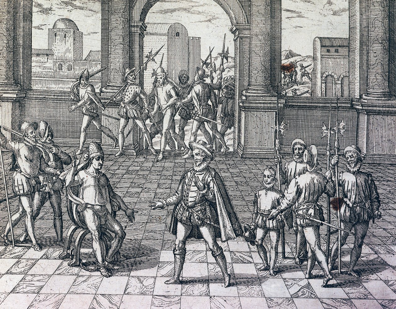 Inka-Kaiser Atahualpa wird von Spaniern in Cajamarca, Peru, gefangen genommen, Stich aus American History von Theodore de Bry, Frankfurt von Theodore de Bry