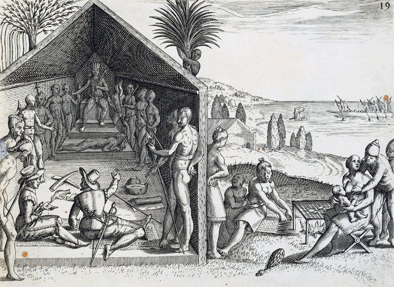 König empfängt europäische Besucher, Kap Lopez, Gabun, Stich aus India orientalis von Theodor de Bry, Afrika von Theodore de Bry