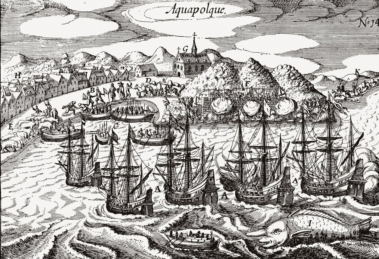 Mexiko, Blick auf Acapulco - Mexiko (Aquapolque), Theodore de Bry, ca. 1630. Frühe Ansicht der kolonialen Siedlung in Acapulco, die die Spanier als Hauptort für ihren Pazifikhandel mit den Philippinen nutzten. Der Hafen ist gefüllt mit Galeonen und einer g von Theodore de Bry