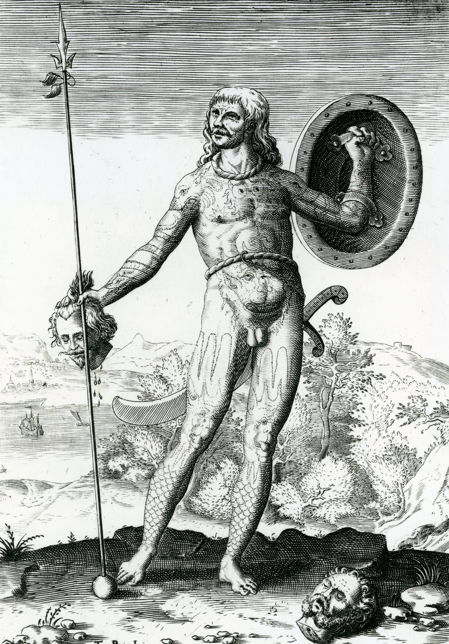 Piktischer Mann, der einen menschlichen Kopf hält von Theodore de Bry
