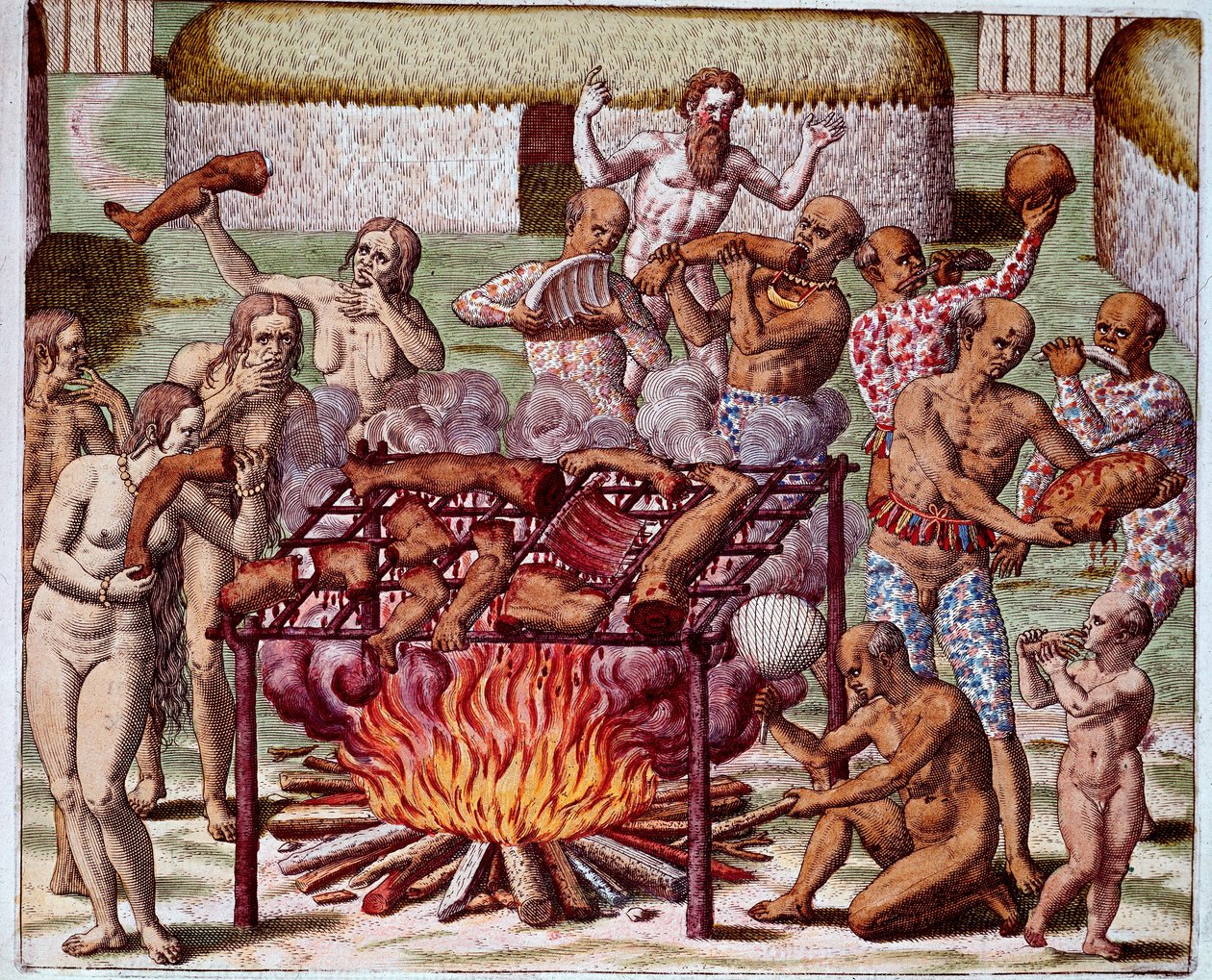 Szene des Kannibalismus in Brasilien. Indianer verzehren ihre Feinde und Gefangenen. Gravur aus „Admiranda Narratio Americae“ von Theodor de Bry von Theodore de Bry