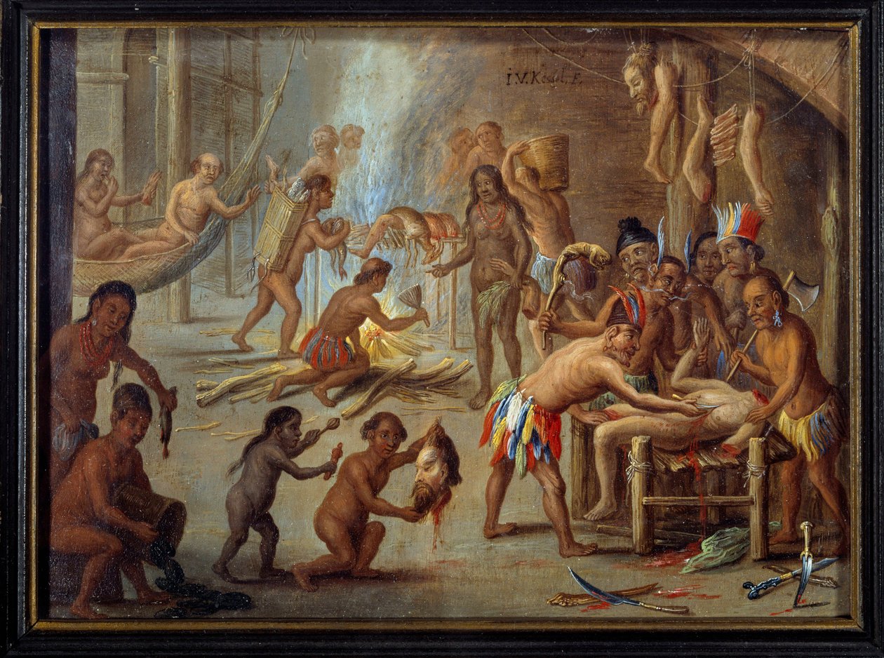 Szene des Kannibalismus in Brasilien im Jahr 1644 von Theodore de Bry