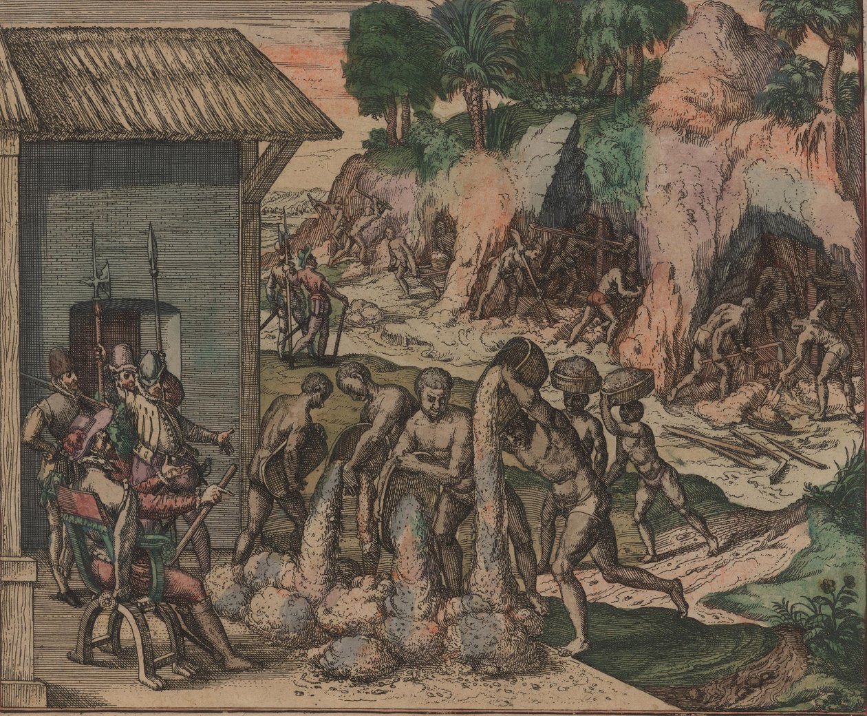 Sklaven gießen Erz vor europäischen Soldaten. Im Hintergrund arbeiten Sklaven in den Minen, 1595 von Theodore de Bry
