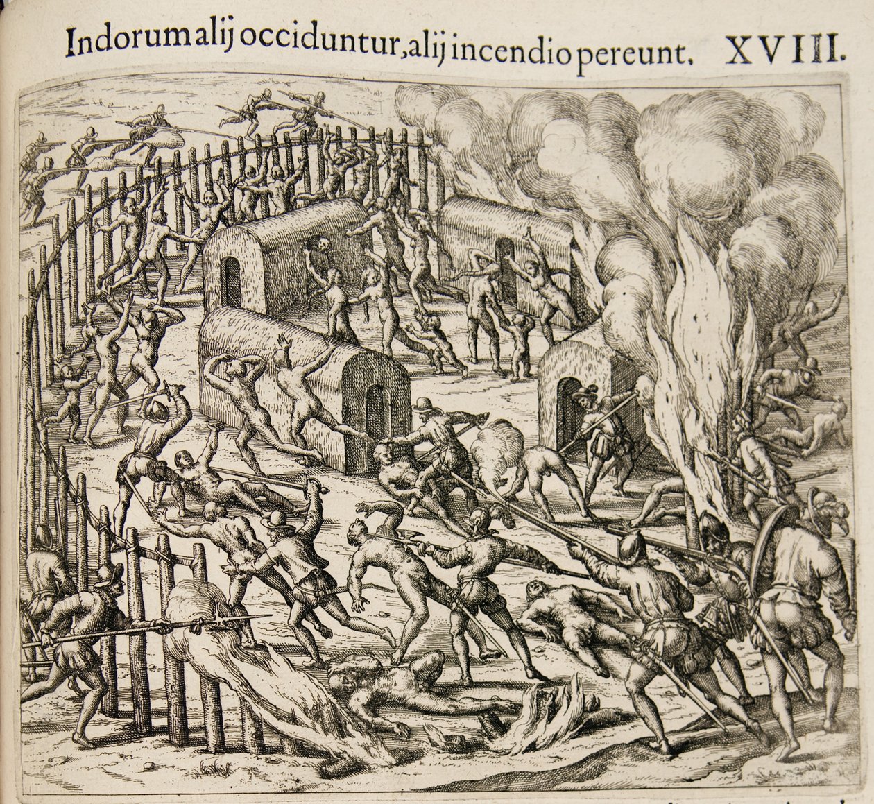 Einige Indianer werden getötet, einige sterben in einem Feuer. Aus: Americae pars quarta von Theodore de Bry