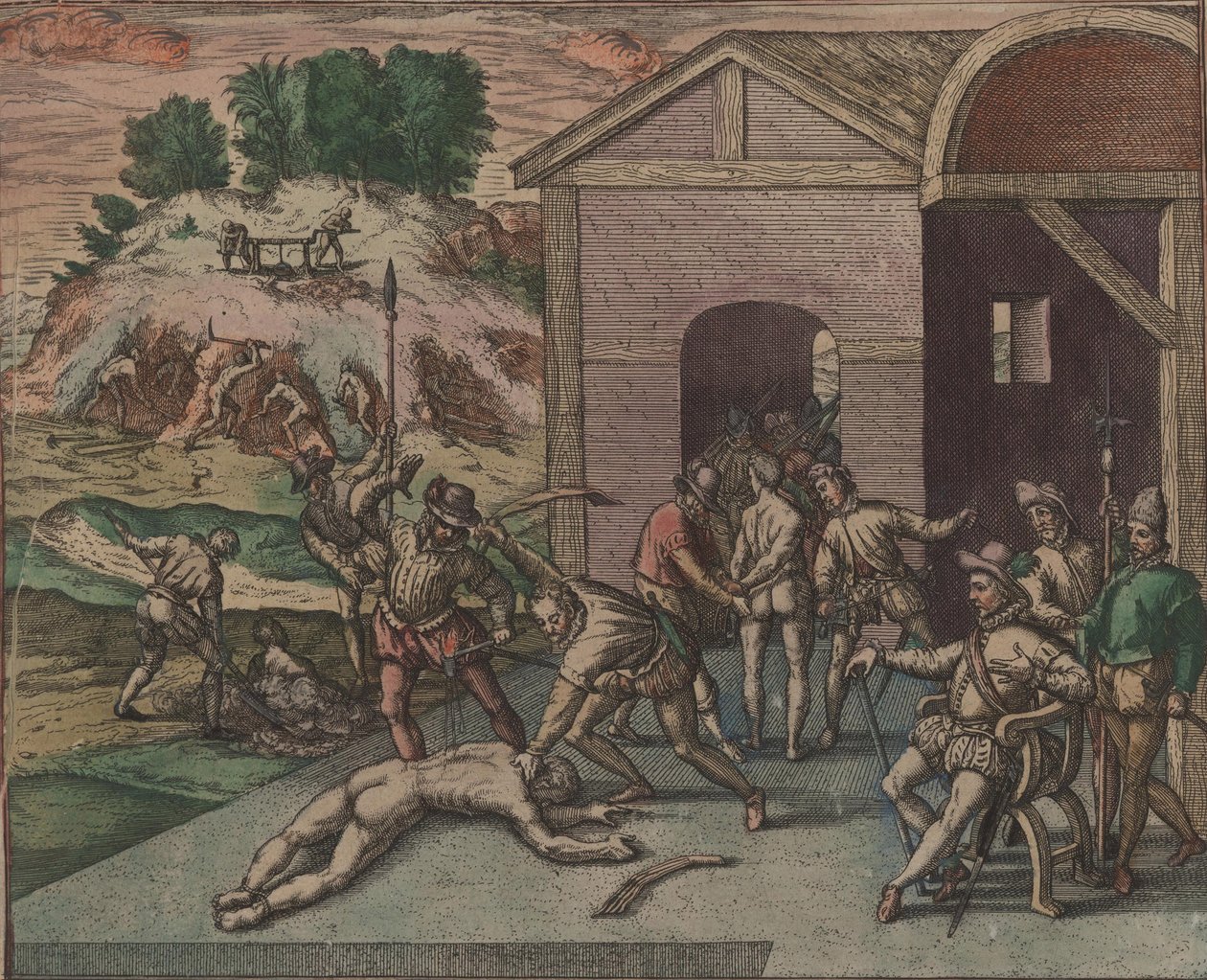 Spanische Soldaten beobachten und vollstrecken die Bestrafung eines Sklaven, 1595 von Theodore de Bry