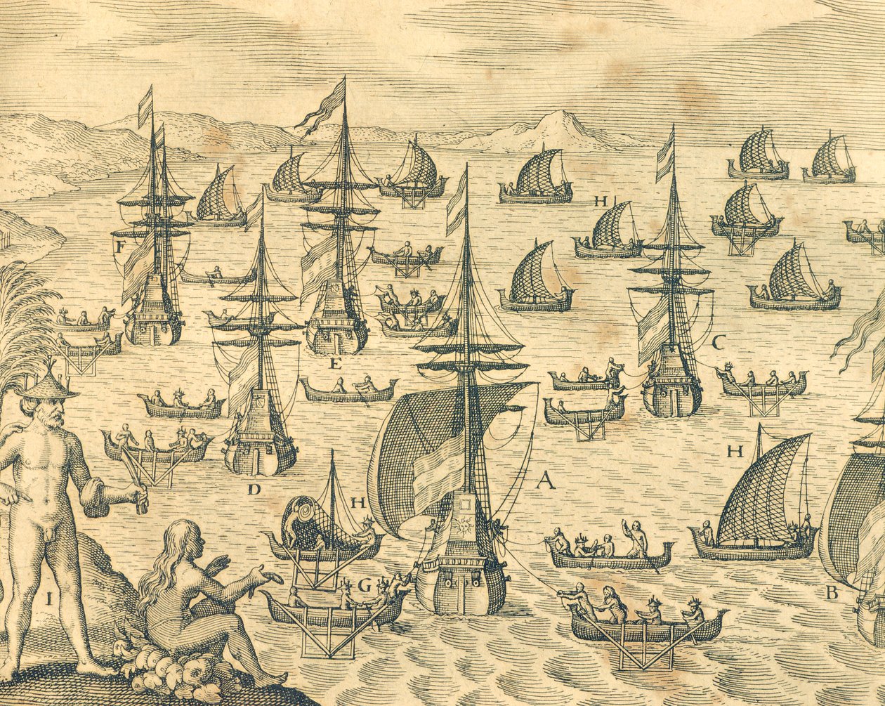 Die Insel der Diebe, Gravur aus der amerikanischen Geschichte von Theodore de Bry, Nordamerika 17. Jahrhundert von Theodore de Bry