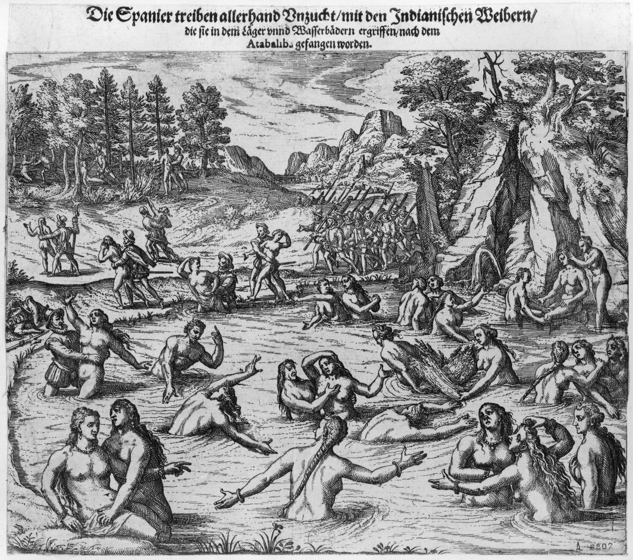 Die Spanier misshandeln die Indianerinnen nach der Gefangennahme von König Atahualpa (ca. 1502-33) im Jahr 1532 von Theodore de Bry