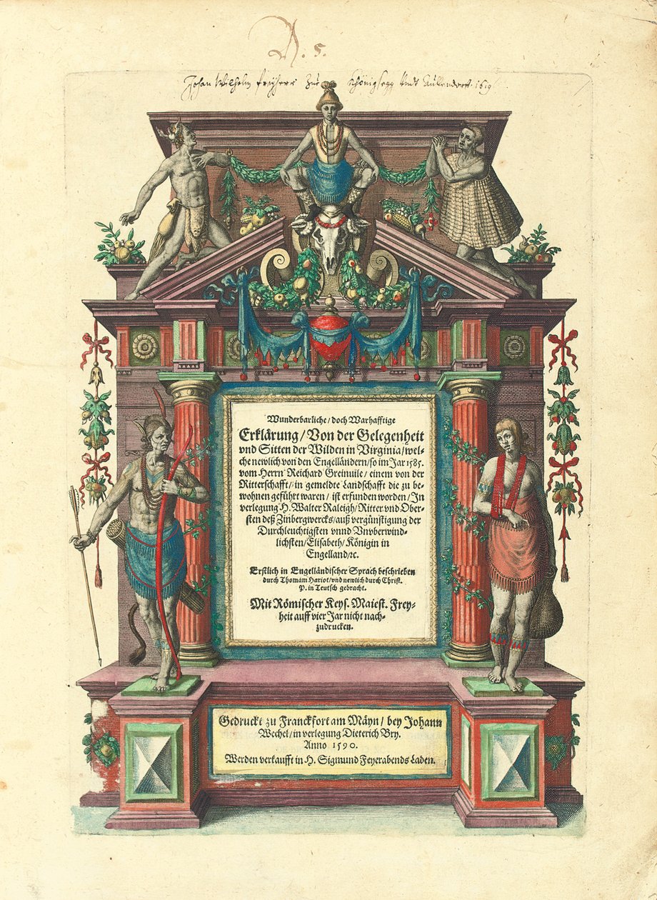 Titelseite der ersten deutschen Ausgabe des ersten Teils von "Große Reisen: Amerika", 1590 von Theodore de Bry
