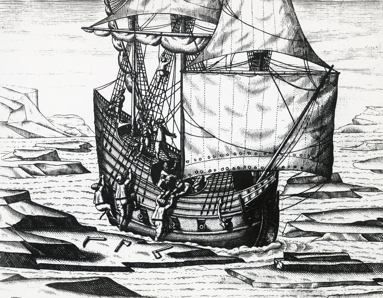 Schiff von William Barents während der dritten niederländischen Expedition auf der Suche nach der Nordostpassage, von Theodor de Bry, Stich von Theodore de Bry