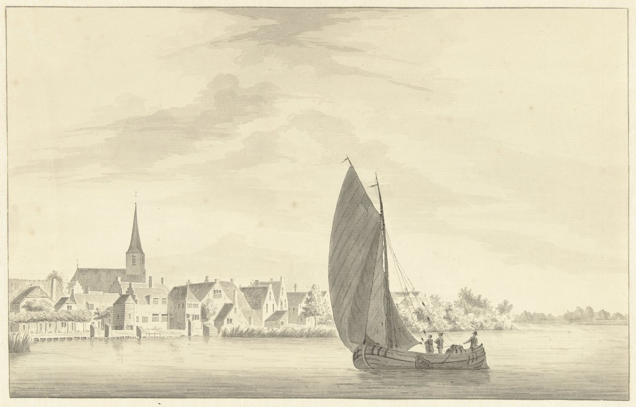 Das Dorf Gouderak mit einem segelnden Schiff im Vordergrund von Theodorus Cornelis Schutter