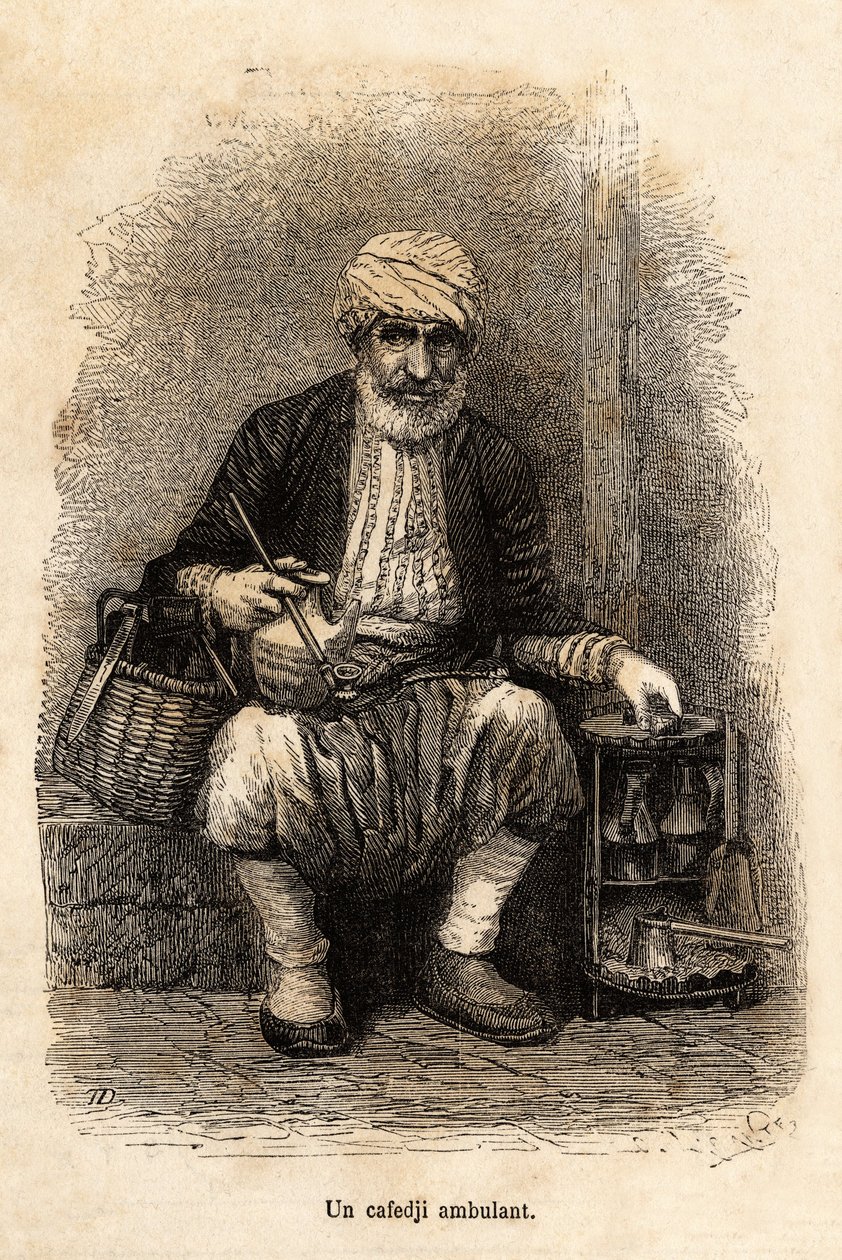 Ein reisender Kaffeehändler (Cafedji) im Basar von Trapezunt (heutiges Trabzon, an der Schwarzmeerküste), Gravur nach einer Zeichnung des Erzählers, zur Illustration einer Reise nach Lazistan und Armenien, 1869, von Theophile Deyrolle, veröffentlicht in „L von Theophile Louis Deyrolle