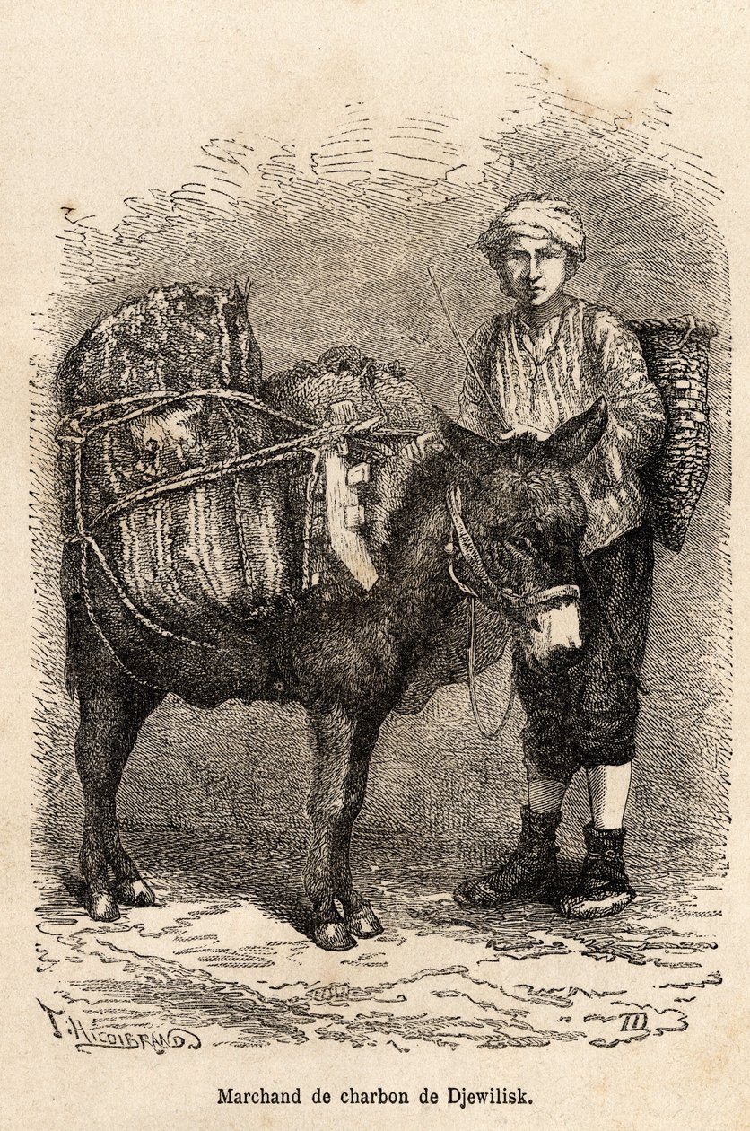 Ein Kohlenhändler mit seinem Esel in Djewilisk (Nordanatolien), graviert nach einer Zeichnung des Erzählers, zur Illustration einer Reise in Lazistan und Armenien, 1869, von Theophile Deyrolle, veröffentlicht in „Le tour du monde“ 1875, herausgegeben von E von Theophile Louis Deyrolle