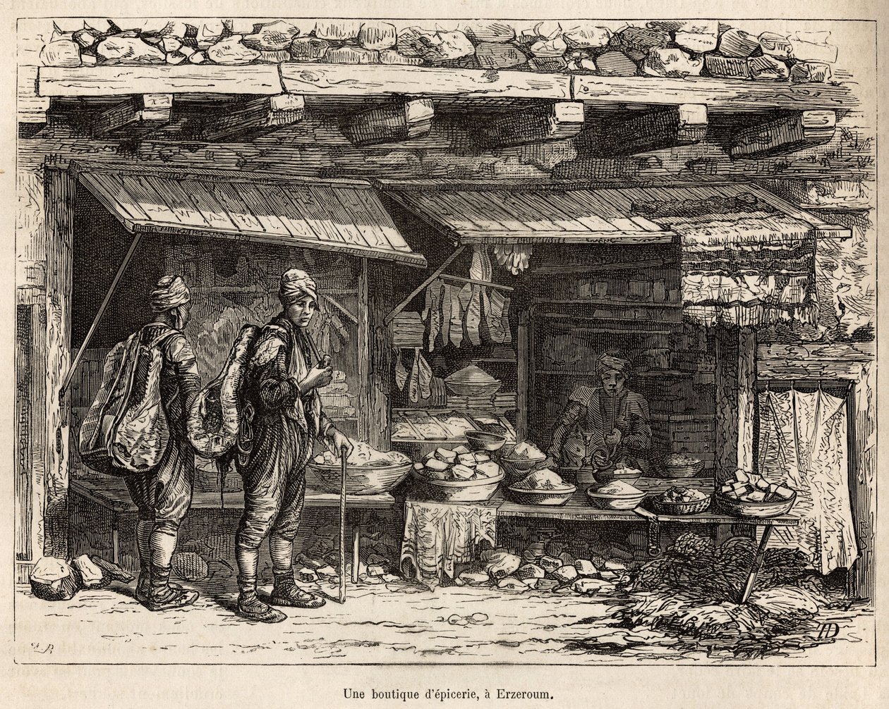 Ein Lebensmittelgeschäft in Erzeroum (Armenien), graviert nach einer Zeichnung des Autors, die die Reise in Lazistan und Armenien von Theophile Deyrolles in 1869 illustriert, veröffentlicht in "Le tour du monde" 1875, herausgegeben von Edouard Charton, Hac von Theophile Louis Deyrolle