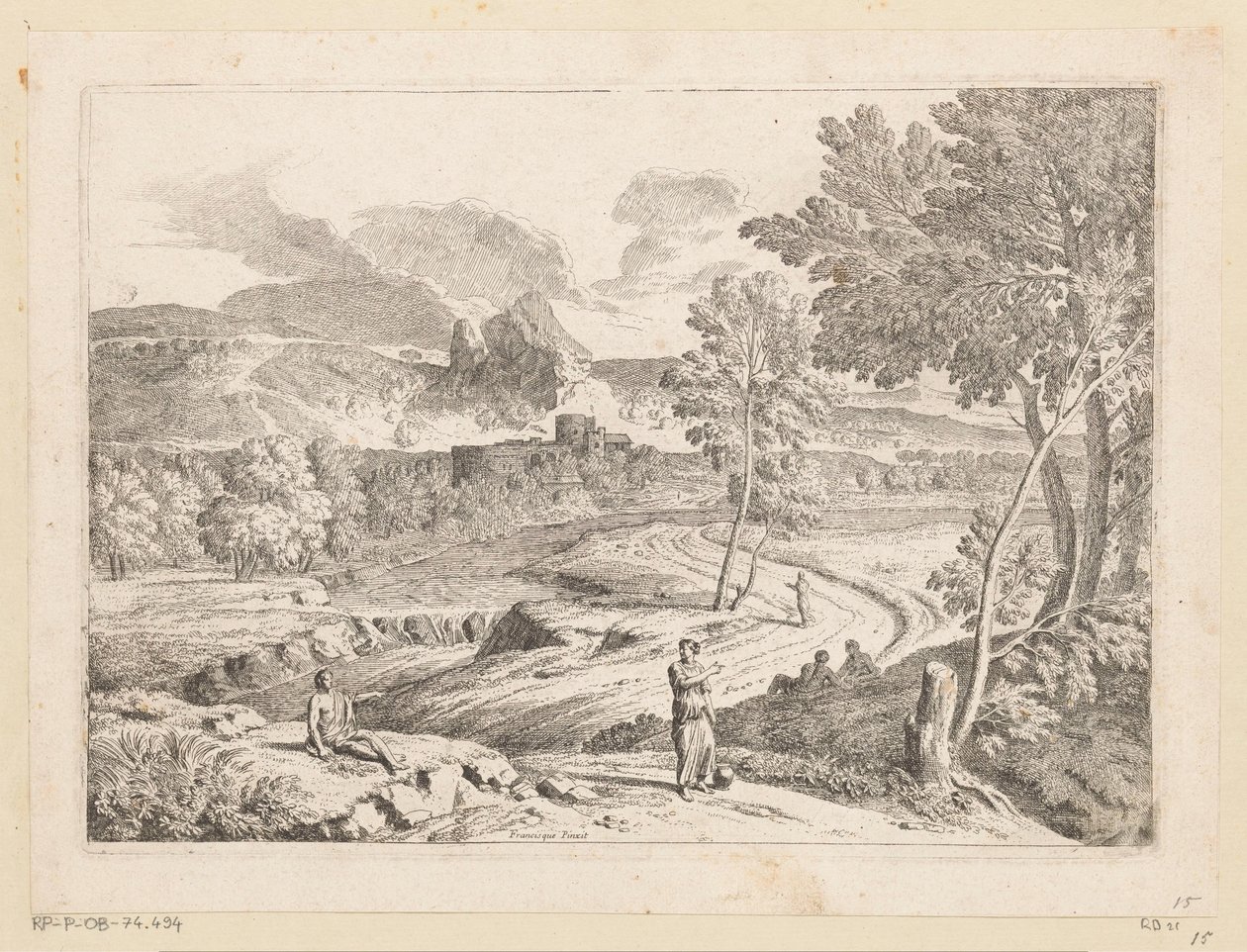 Arkadische Landschaft mit Figuren entlang eines Pfades an einem Strom von Théodore