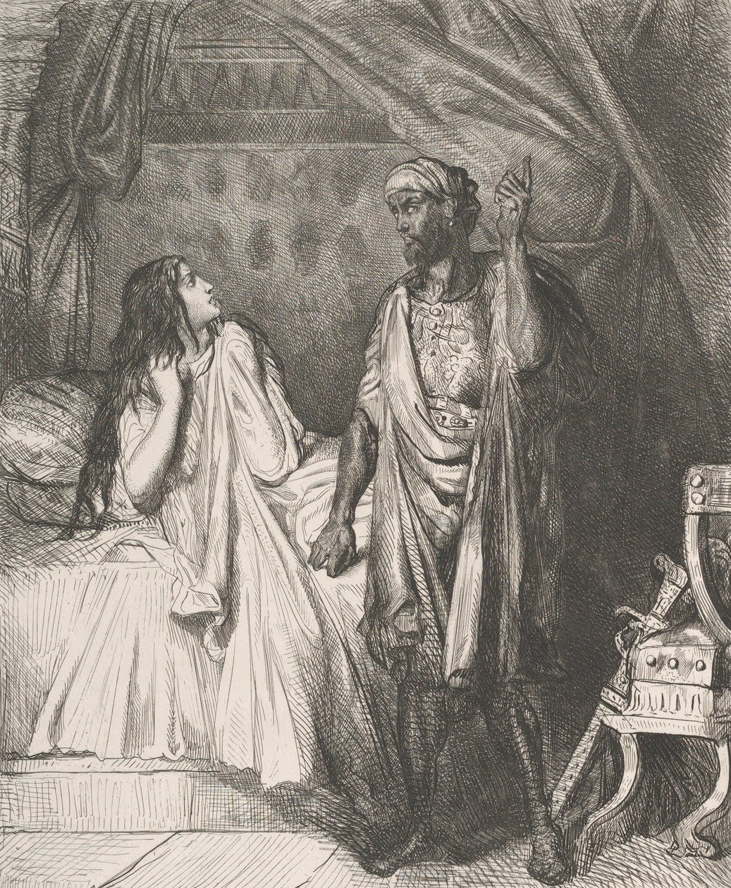 Hast du heute Nacht gebetet, Desdemona: Platte 12 aus Othello Akt 5, ..., geätzt 1844, nachgedruckt 1900 von Théodore Chassériau