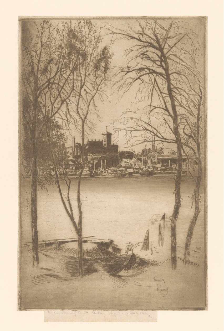 Ansicht eines Flusses mit Hafen und Industrie von Théodore Roussel (signed by artist)