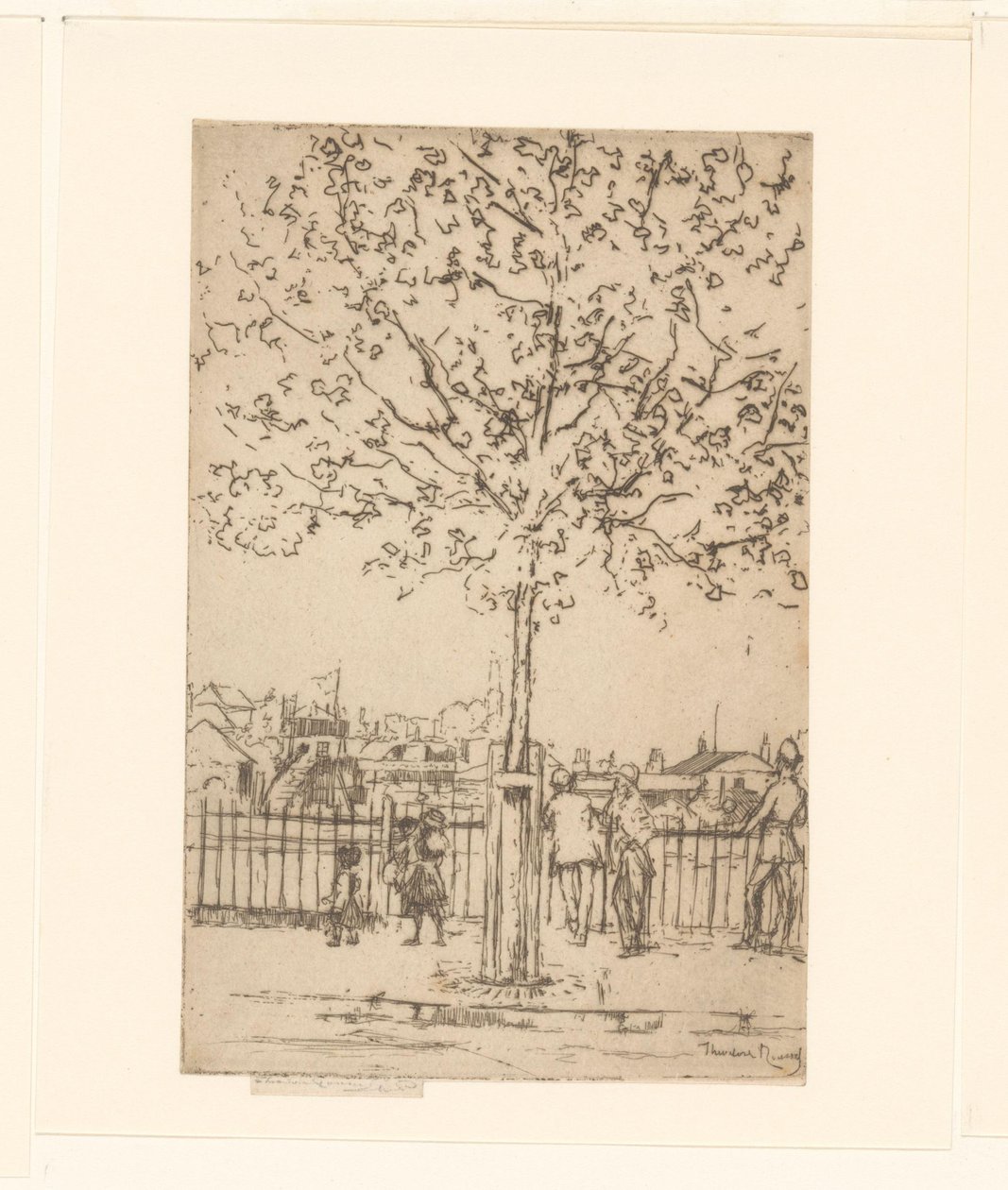Sechs Figuren an einem Zaun entlang eines Flusses, im Vordergrund ein Baum von Théodore Roussel (signed by artist)