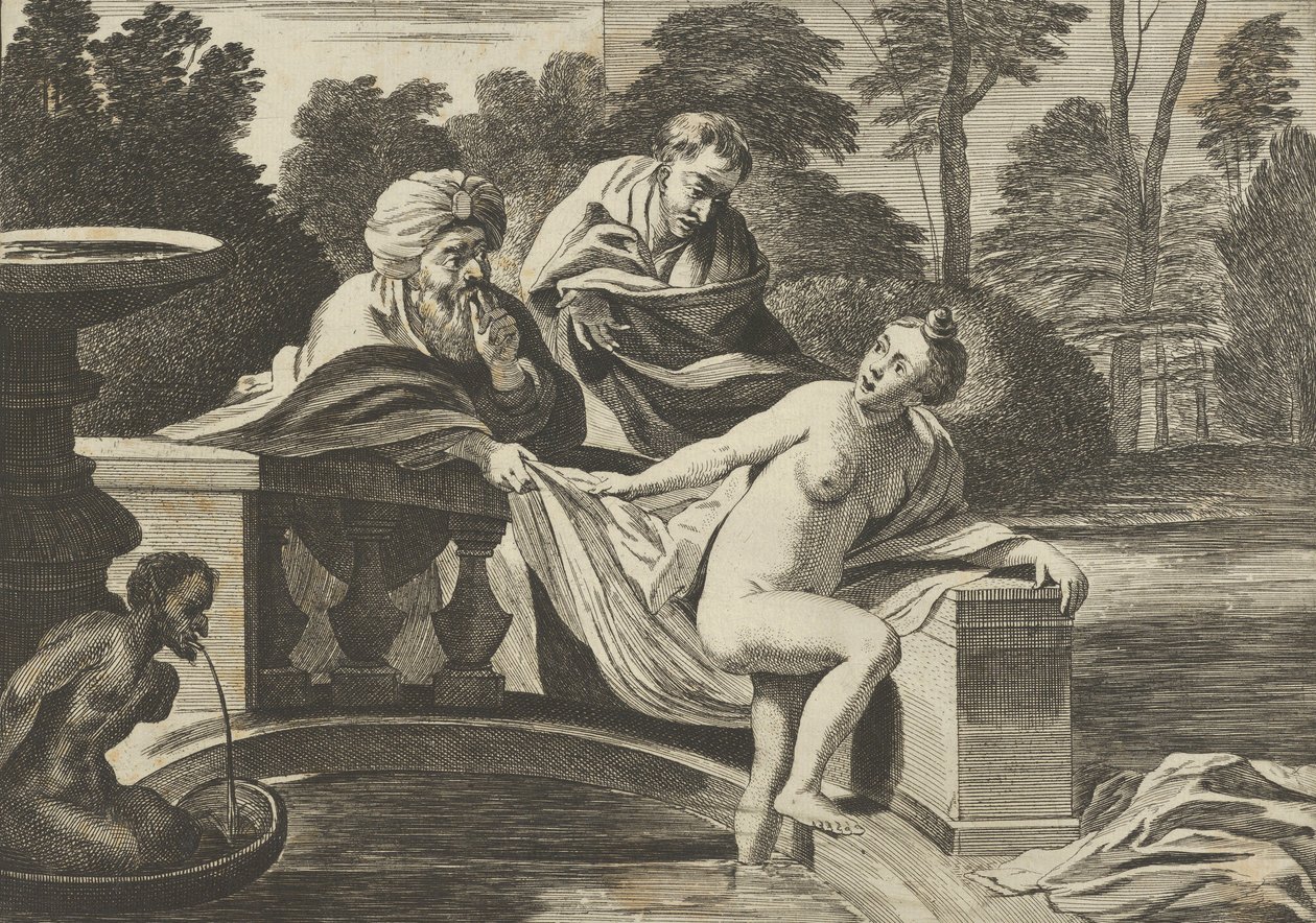 Susanna, teilweise nackt und aus einem Brunnen tretend, mit zwei Ältesten links, einer o..., ca. 1656-60 von Théodorus van Kessel