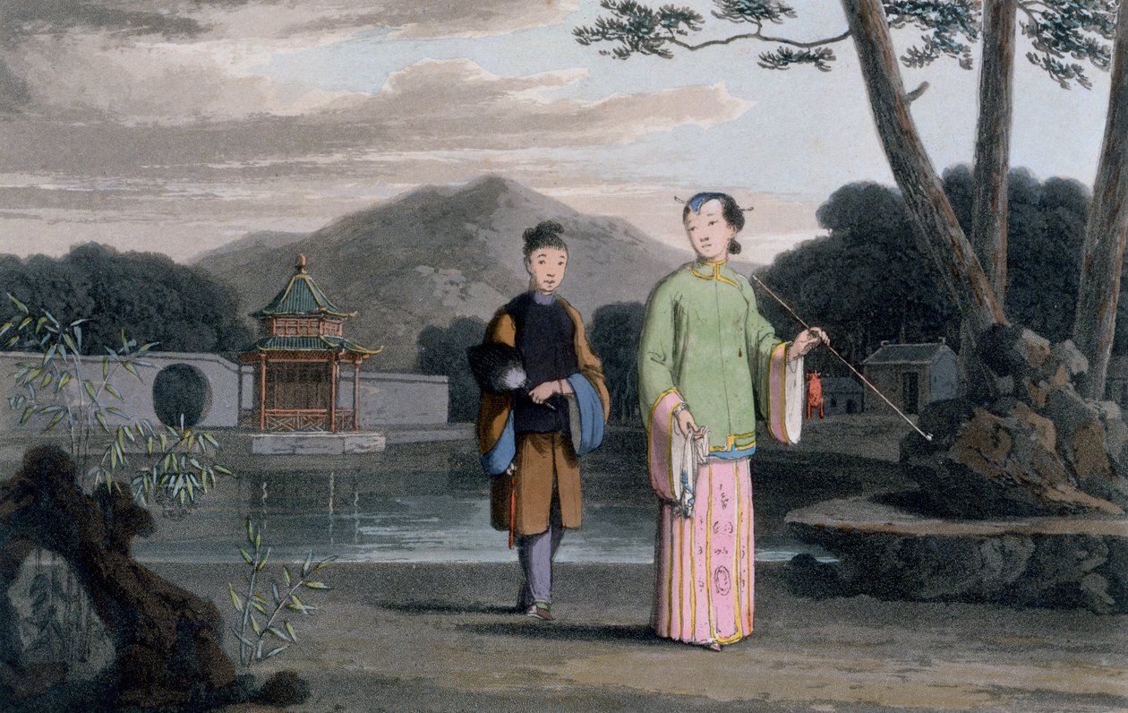 Chinesische Dame mit Pavillon im Hintergrund, aus 